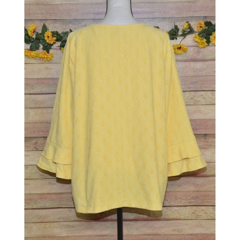 Chico's 4 US XXL 1X Butter Yellow Eyelet Blouse Top 3/4 Ruffle Sleeve Scoop Neck - Picture 8 of 12